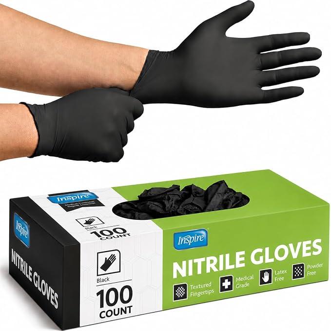 Inspire Black Nitrile Disposable Gloves | 4.5 Nitrile Disposable Safety Medical Cooking Cleaning Gloves 10 Packs Black - Box of 100