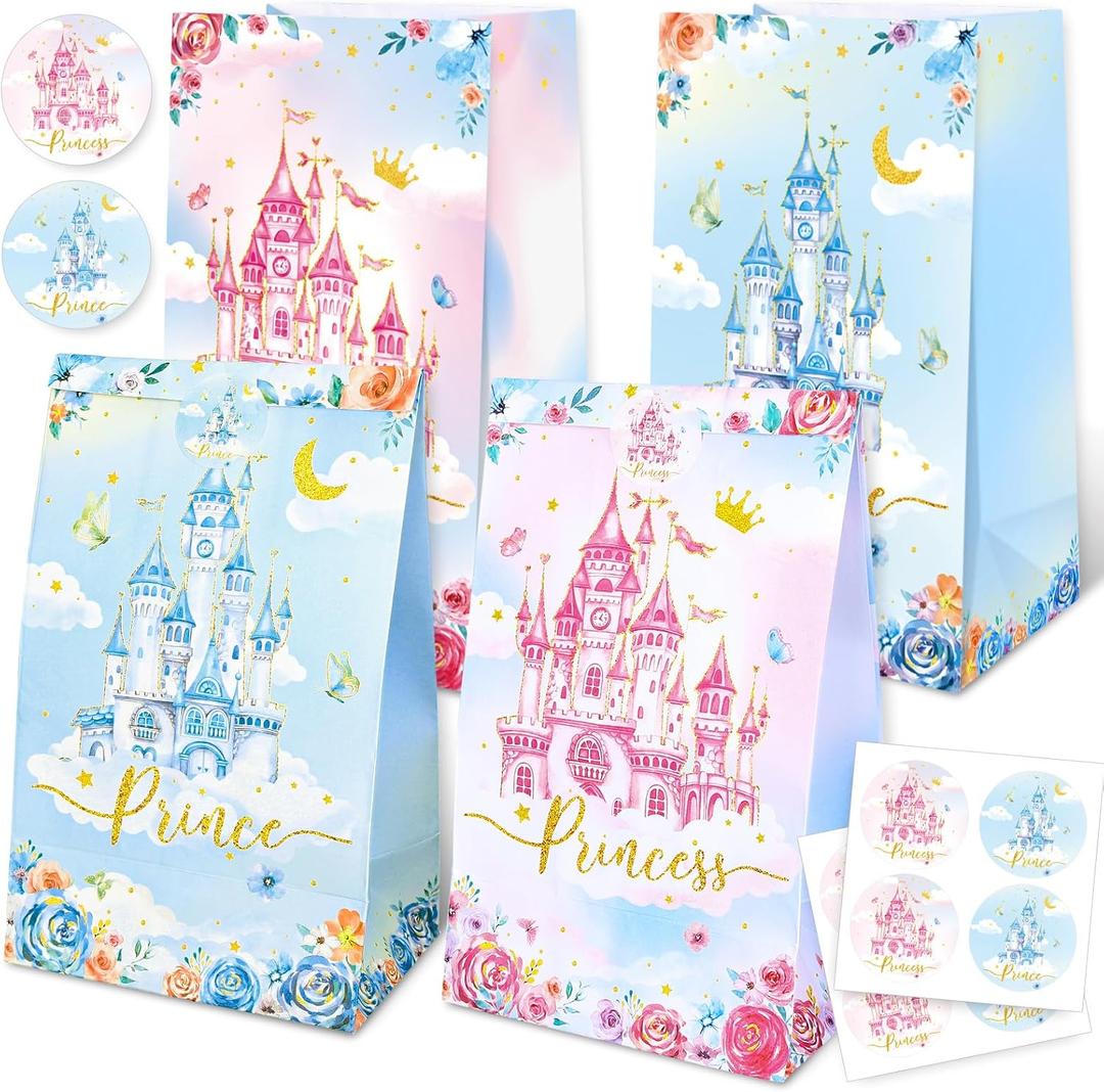 Whaline 24Pcs Princess Prince Party Favor Bags with Stickers Princess Castle Party Decoration Pink Blue Castle Treat Bags Candy Goodie Bag for Wedding Birthday Baby Shower Gender Reveal Supplies