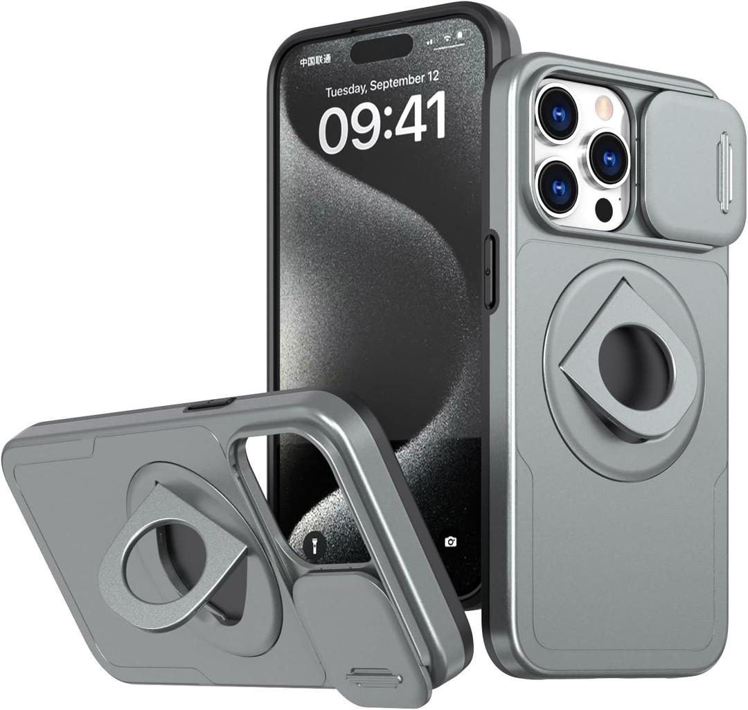 for iPhone 15 Pro Case with Slide Camera Cover HD Screen Protector Magnet Ring Holder Kickstand Protective Phone Case for 15 Pro (Gray)