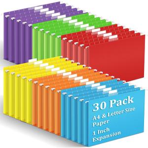 30 Pack Hanging File Folders Letter Size, Assorted Hanging Folders with 1/5-Cut Adjustable Tab, 1 Inch Expansion, Extra Capacity Hanging File Folders, Perfect Office, Home, Classroom Supplies