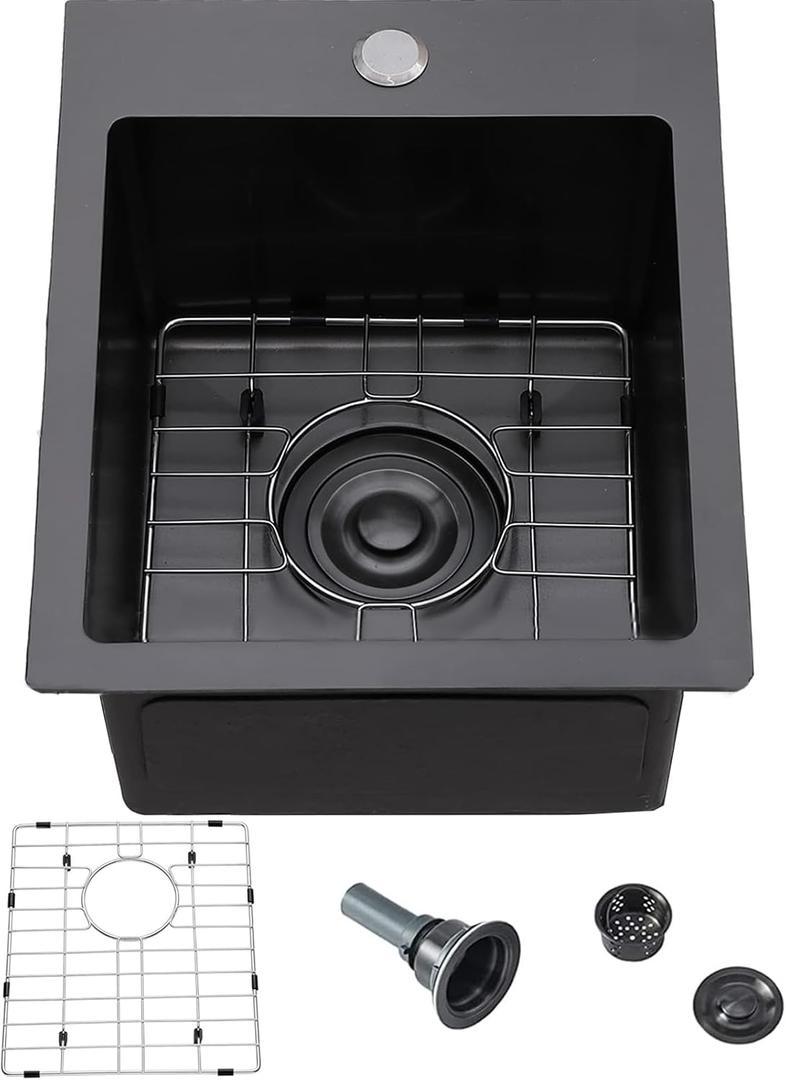 Black Bar Sink Drop in, 15 x 17 Inch Topmount RV Small Kitchen Sink, Handmade Stainless Steel Wet Bar Sink, Outdoor Single Bowl Prep Sink with Dish Grid & Drain
