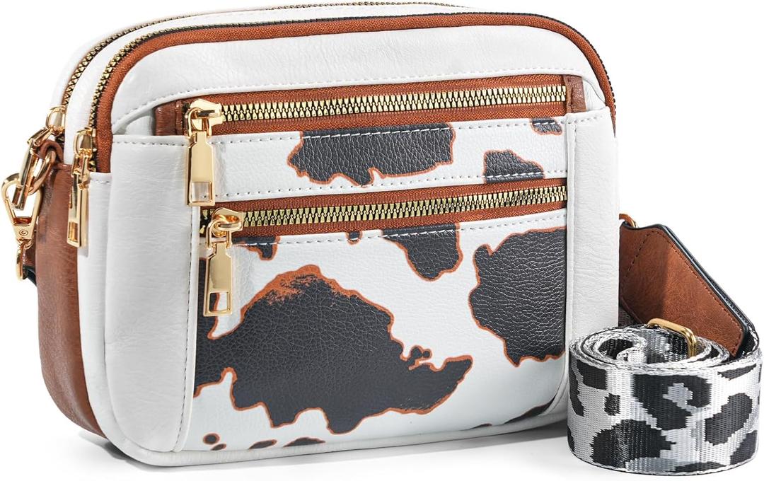 WJCD Women's Crossbody Purse - Vegan Leather Lightweight Shoulder Bag with Adjustable Strap, Stylish Small Handbags (Cow Print White With Brown)