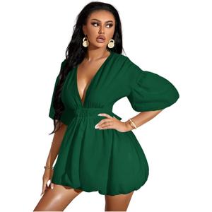 WDIRARA Women's Deep V Neck Puff Sleeve High Rise Flare Dress Elastic Waist Dress (Medium, Dark Green)
