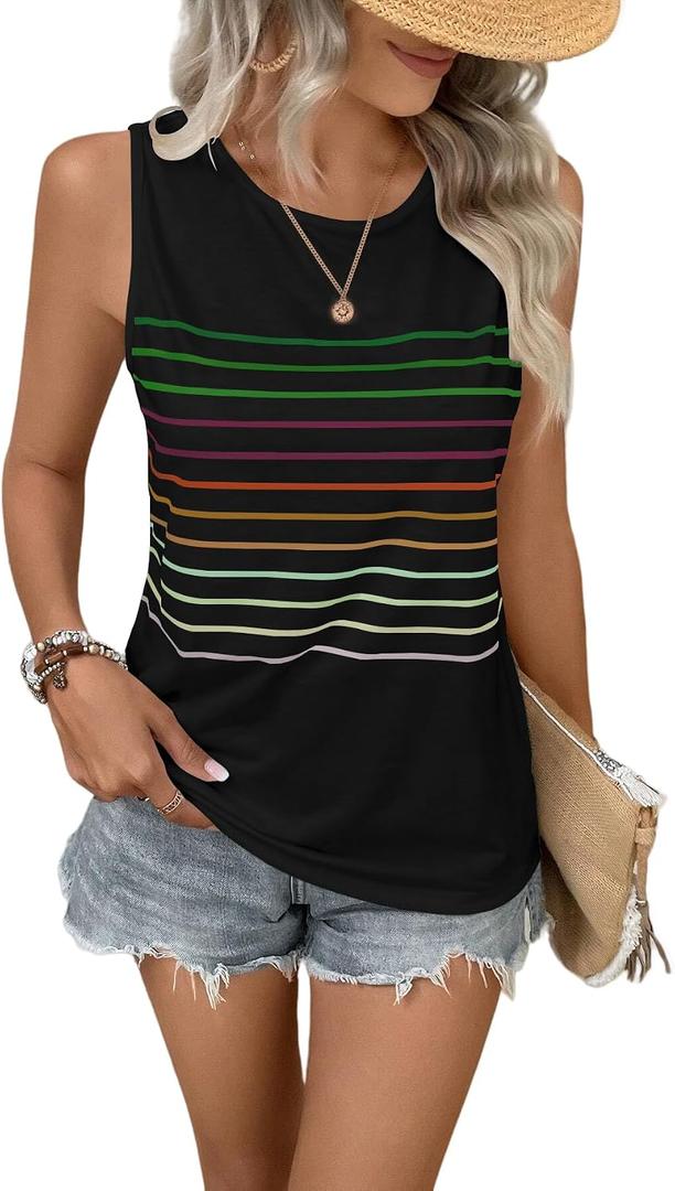 EyMuse Women's Casual Striped Tank Summer Sleeveless Crew Neck Top, Black, XL