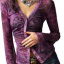 Women's Boho Paisley Button Down T-Shirt V-Neck Vintage Y2K Long Sleeve Fitted Fall Tee Tops (X-Large, Purple)