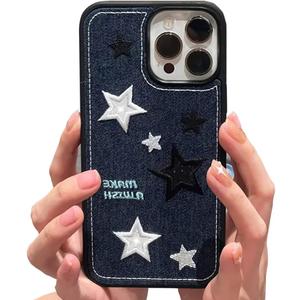 Casechics Compatible with iPhone Case,Cool Denim Fabric Embroidery Star Silicone Camera Lens Protection Soft Shockproof Cover Phone Case (Blue,iPhone 12)