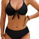Blooming Jelly Womens Bikini Sets 2 Piece Cheeky High Cut Bathing Suit Sexy Color Block Ribbed Tie Knot Swimsuits (Medium, Black)