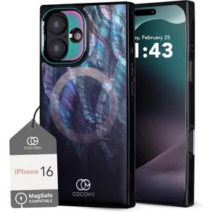 Cocomii - Rectangle Case Compatible with iPhone 16 - Compatible with MagSafe, Real Mother of Pearl, Opalescent Seashell, Glossy, Magnetic Phone Case for iPhone 16 6.1 inch, Black