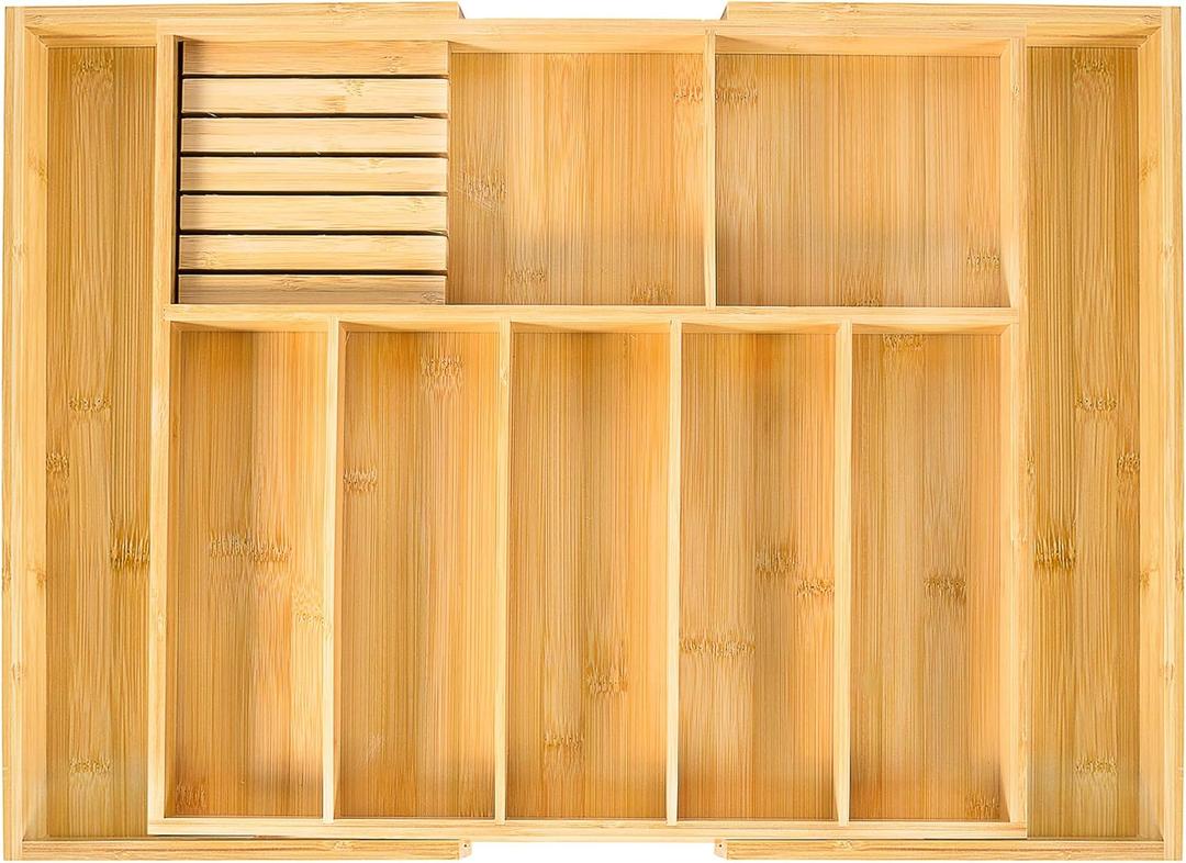 VaeFae Extra Large Kitchen Utensil Holder, Bamboo Silverware Drawer Organizer, Expandable Cutlery Organizer with Knife Block, Multifunctional Drawer Divider (17.91" to 31.1" wide)