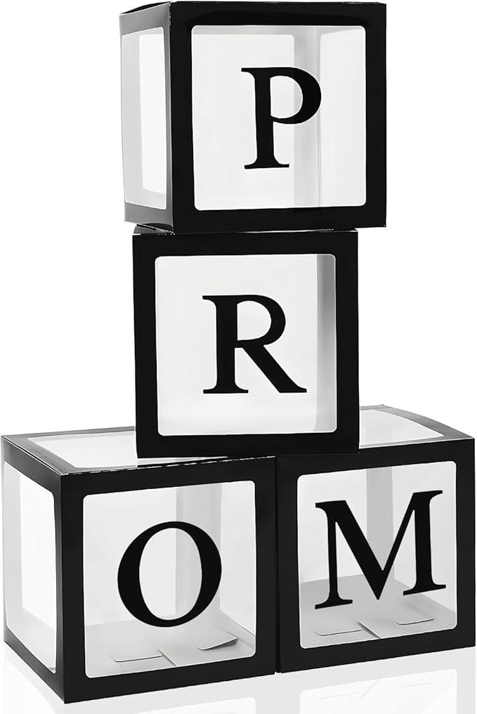 Trandraft 4 Pcs Prom Boxes with Letters 11.8 x 11.8 x 11.8 Inch Clear Prom Boxes Transparent Balloon Boxes Clear Block Box High School College Graduation Prom Party Favors Supplies (Black)