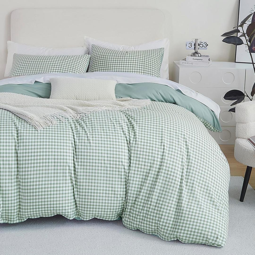 Oli Anderson King Comforter Set, 3 Pieces Green Gingham Bed Comforter King Size, Reversible Lightweight Fluffy Checkered Bedding Set with 2 Pillowcases for All Seasons (Light Green Gingham, King)
