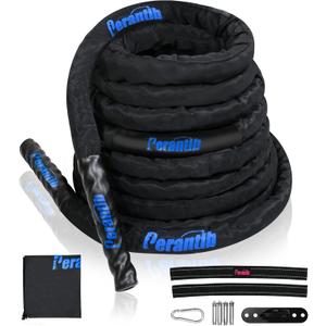Perantlb 100% Poly Dacron Heavy Battle Rope - 1.5", 30' 40' 50' Lengths - Upgraded Durable Protective Sleeve - Gym Muscle Toning Metabolic Workout Fitness - Anchor Strap Kit Included (1.5" x 30 ft)