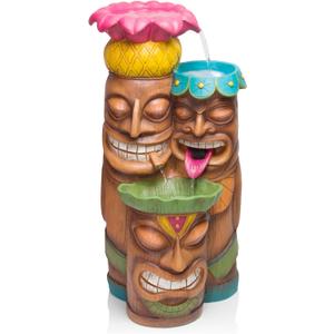 Alpine Corporation - 3-Tiered Colorful Tiki Head Water Fountain, Indoor/Outdoor Tropical Waterfall with LED Lights, for Garden, Patio, Yard, 35" H, 19"L x 19"W x 35"H