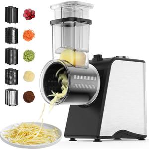 Electric Cheese Grater, 250W Automatic Slicer Shredder Salad Shooter with 5 Blades for Block Cheeses, Salads, Vegetables, Potato, Pizza, 5 in 1 Vegetable Cutter for Kitchen, Cooking (Standard)