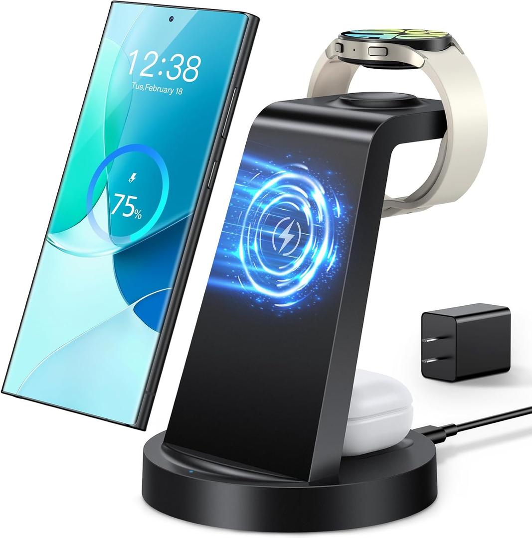 Wireless Charger for Samsung: 3 in 1 Wireless Charging Station for Samsung Galaxy Watch 7 6 5 4 3 Pro Classic Galaxy Buds - Charger Dock Stand for S25 S24 Ultra S23 S22 S21 Note Z Fold Android (Black)