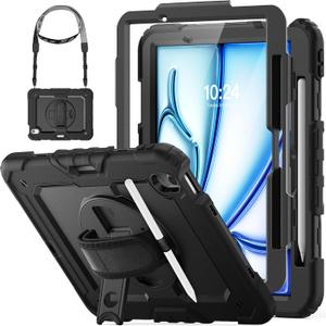 HXCASEAC Case for iPad Air 11 inch (2025 M3 / 2024 M2), Shockproof Design with Pencil Holder/Screen Protector/Rotating Hand Strap, Protective Cover for iPad Air 7th/6th Generation - Black