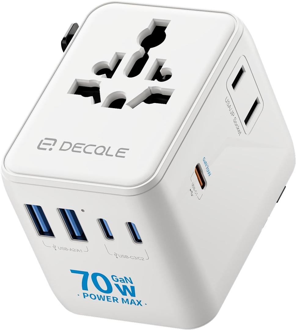 Universal Travel Adapter, International Travel Plug Adapter with 3 USB-C 2 USB-A Ports 70W, All in One Portable Socket, for USA, UK, EU, AU 224+ Countries (White)