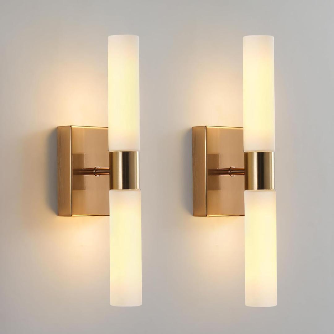 KUZZULL Modern Wall Sconces, Set of 2 Brushed Brass Gold, Frosted Glass Shade, Indoor Wall Mounted Lights, Bathroom Sconces, 36 cm, for Bedroom Wall Lamp, 14in