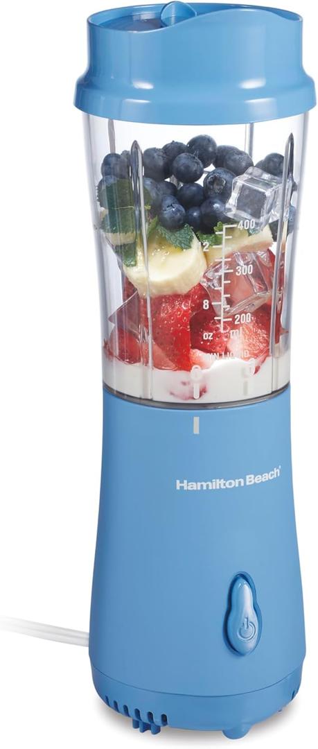 Hamilton Beach Portable Blender for Shakes and Smoothies, 14 Oz BPA Free Travel Cup & Lid, Durable Stainless Steel Blades, Personal Smoothie Blender, Tranquil Blue (51172)