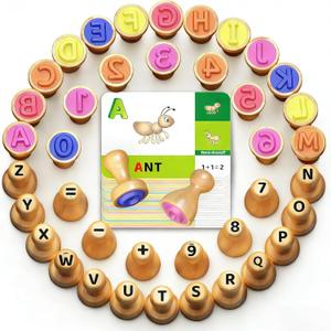 Wooden Alphabet Stamps & Number Letter Stamps for Kids - Montessori Learning Toys with Flashcards, ABC Spelling & Math Games for 3 4 5 Year Olds, Classroom Art Crafts Preschool Supplies