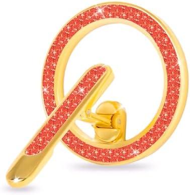 Magnetic Phone Ring Holder with Adjustable Kickstand, Compatible with iPhone, Brooch Design with Glitter Surface, Includes Adapter Ring for All Phone Models, Metallic Gold & Sparkling Red