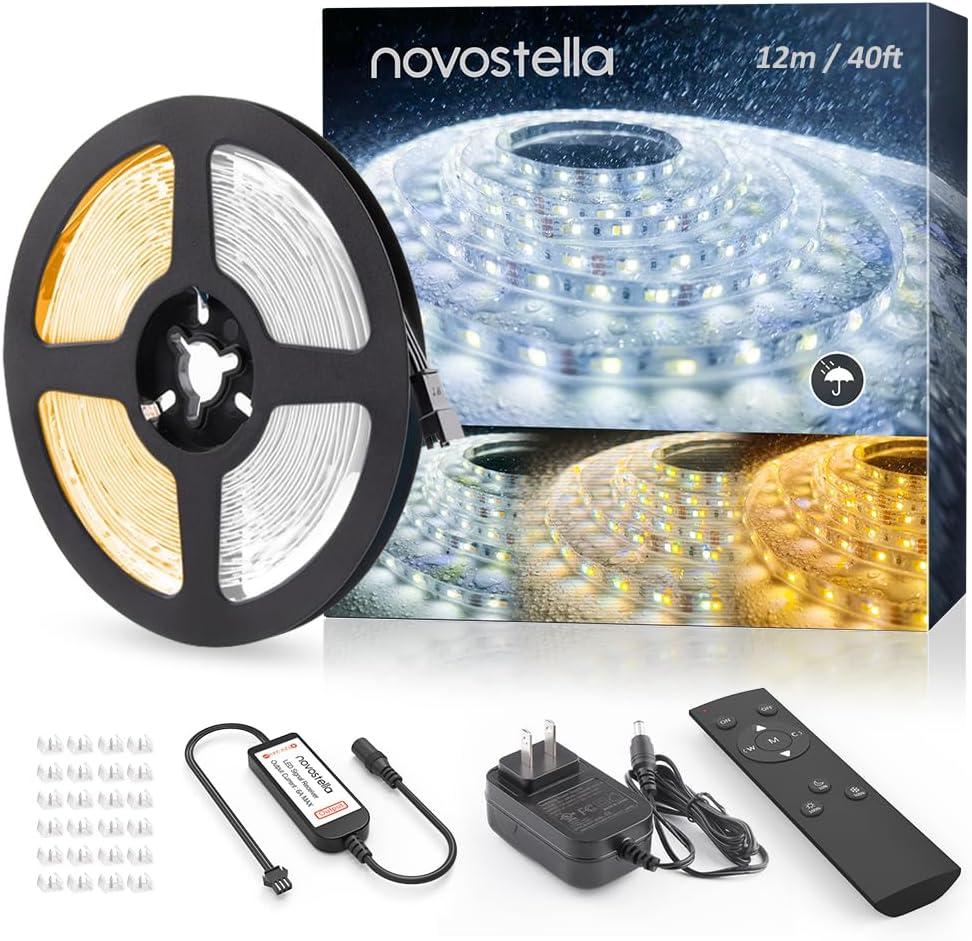NOVOSTELLA 40ft Waterproof Tunable White LED Strip Lights, Dimmable Flexible Rope Light 3000K-6500K 12V Tape Light with Remote, Ribbon for Outdoor and Indoor Bedroom Home Mirror Kitchen Cabinet