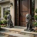 Sculptures Garden Statues, Outdoor Lion Statue 27in Tall, Magnesium Oxide Stone Composite Animal Sculpture Statue Decor for Home Decor Yard Patio Garden, Dark Gray with Gold Accents, Standard