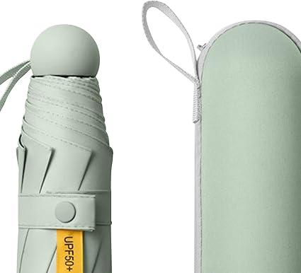 ESUFEIR Mini Travel Sun Umbrella for Purse With Case, Small Compact UV Umbrella Protection Sun, Lightweight Portable Parasol Windproof for Women Men Kids (Green-No belt)