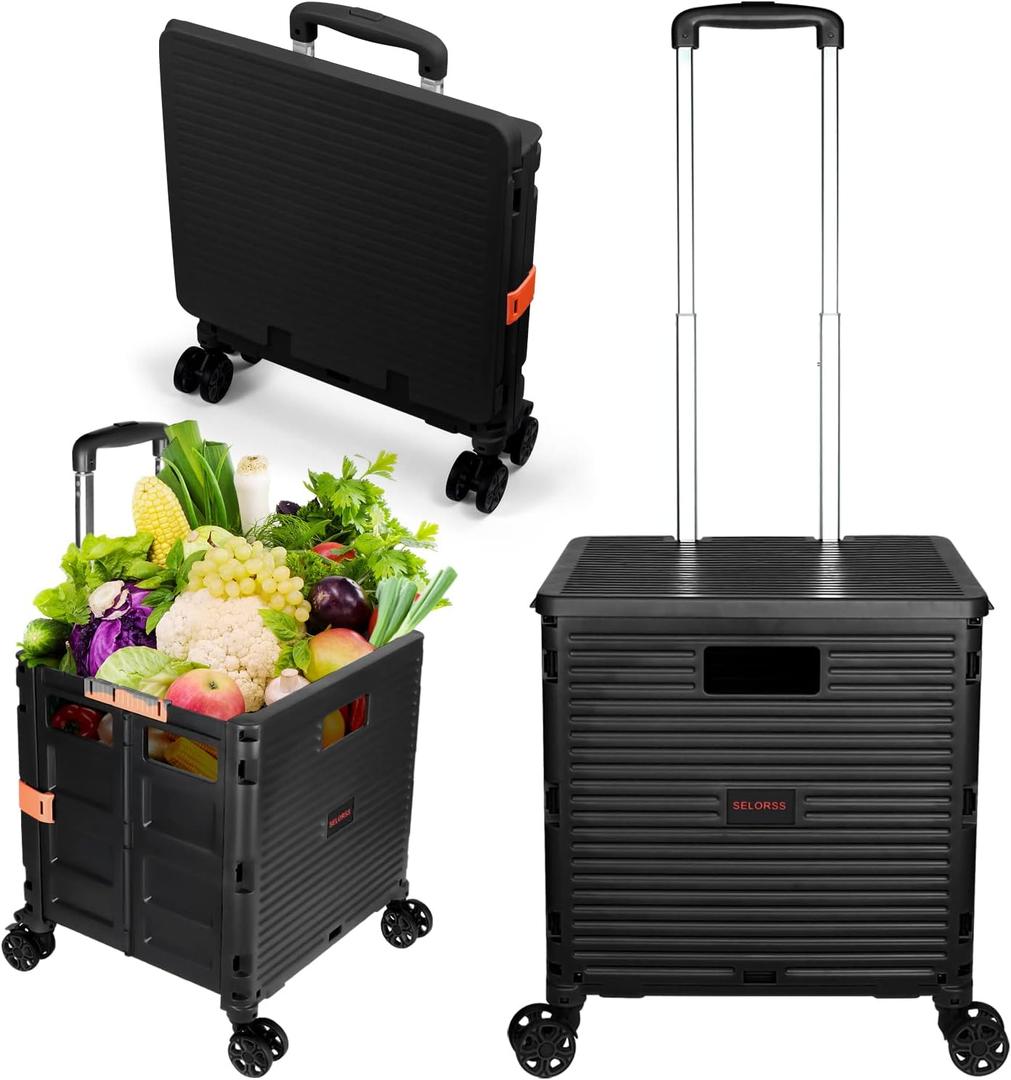 Foldable Utility Cart Folding Portable Rolling Crate Handcart with Durable Heavy Duty Plastic Telescoping Handle Collapsible 4 Rotate Wheels for Travel Shopping Moving Luggage Office Use, Black