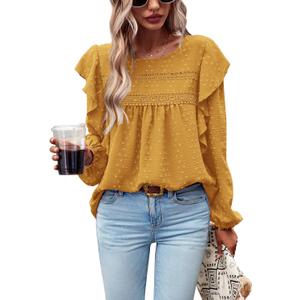 PRETTYGARDEN Women's Long Sleeve Shirts Ruffle Swiss Dot Crochet Loose Fit Tunic Dressy Casual Tops Blouses Spring Fashion (XS)