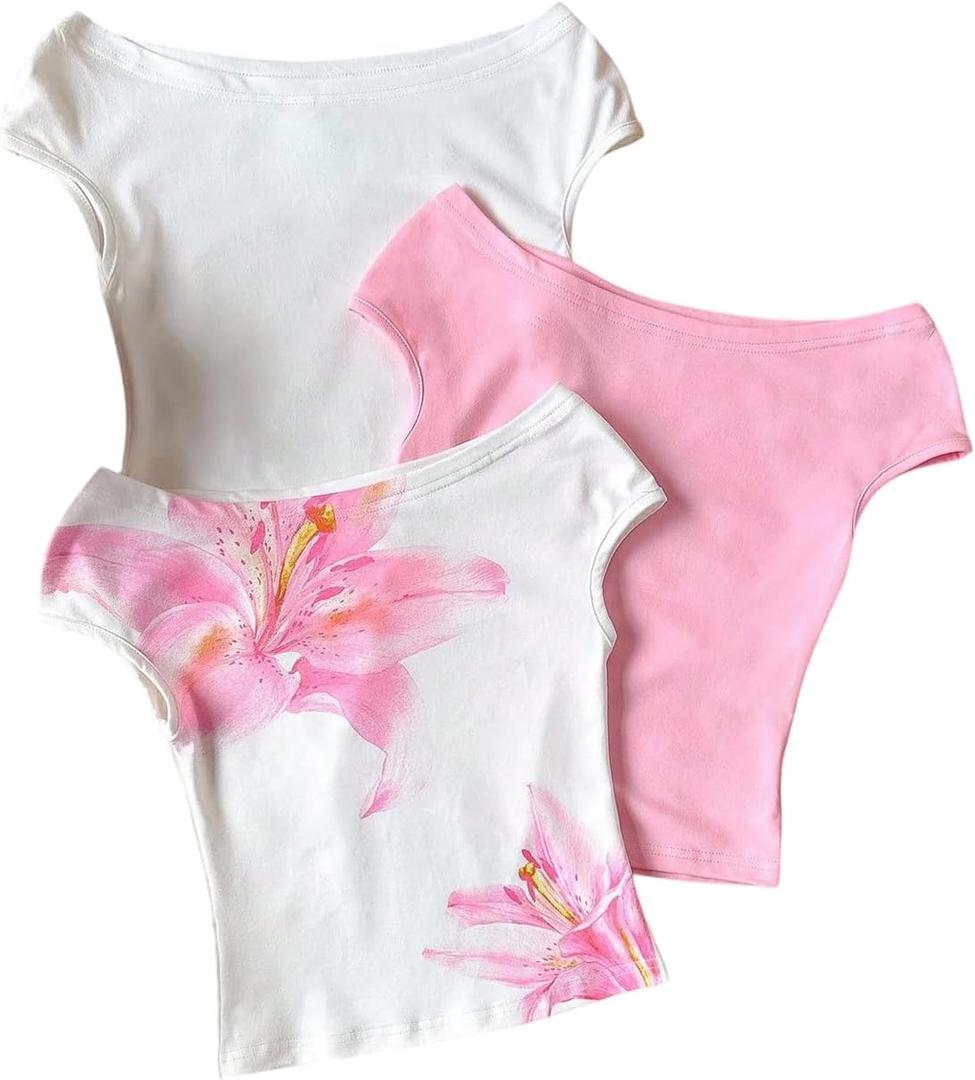 3 x WDIRARA Girl's 3 Pack Floral Off The Shoulder T Shirts Cap Sleeve Tee Fitted Tops (Pink), 8Y