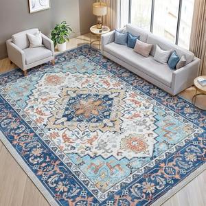 Lofus 8x10 Area Rugs for Living Room, Washable Area Rug, Rugs for Bedroom, Kitchen, Vintage Boho Carpet, Soft Non-Slip, Low Pile Large Area Rug for Office Dining Room, Floral Blue