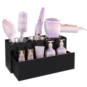 PITBVO Hair Tool Organizer, Acrylic Hot Hair Styling Tool Organizer with 3 Cups, Hair Dryer Holder for Bathroom Organization Bedroom Vanity Countertop Caddy Storage Curling Iron Stand (Glossy Black)
