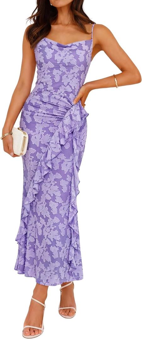ZESICA Women's Summer Floral Sleeveless Bodycon Dress 2026 Square Neck Ruched Wedding Guest Party Maxi Dresses, Purple, Medium