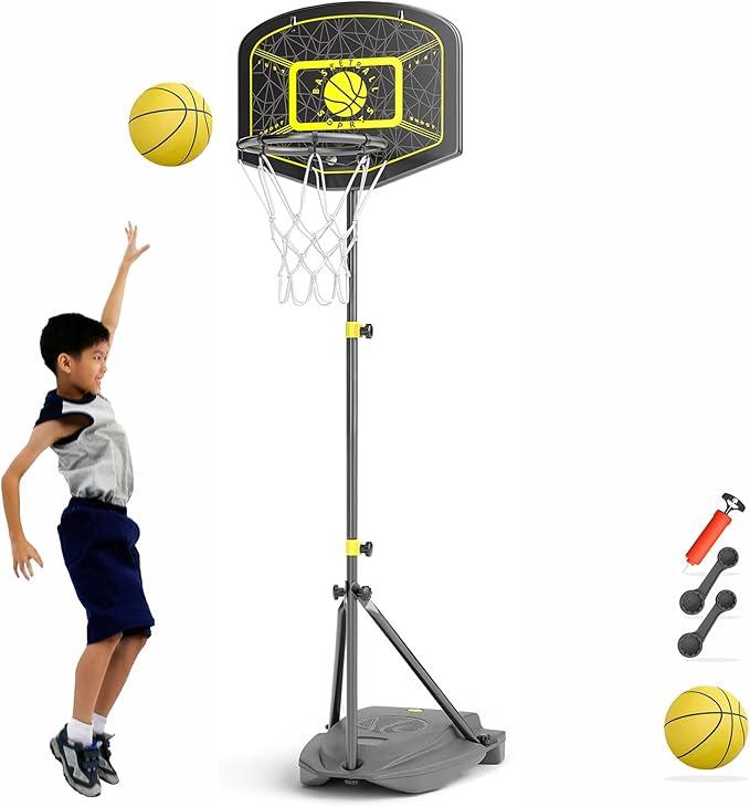 Adjustable Kids Basketball Hoop Indoor Outdoor Play Set for Ages 3-8, Portable with Pump & Toddler Sized Basketball