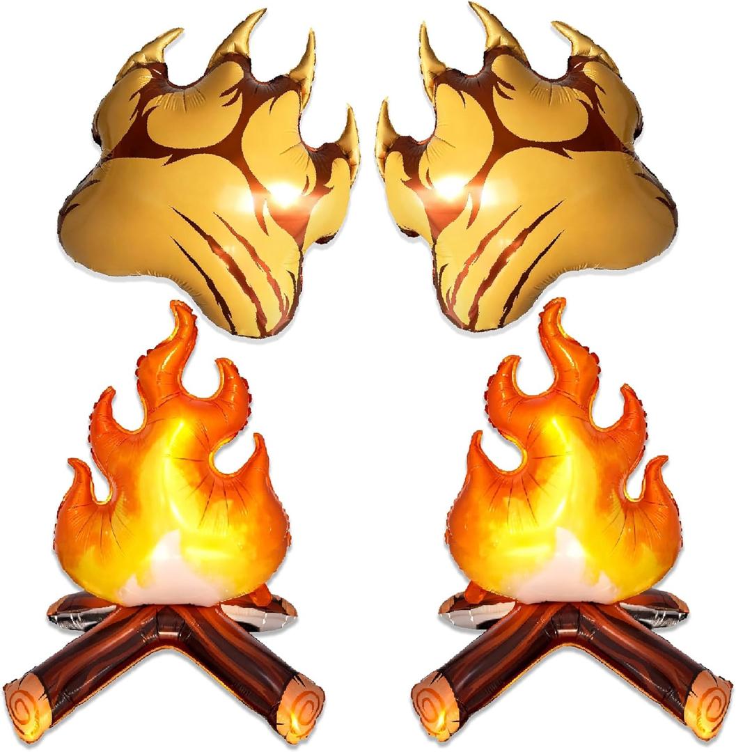 Woodland Party Foil Balloons Set, Bear Paw and Fake Campfire Design, Orange and Gold, 2 Pack for Funny Camping Theme Safari/Rustic Adventure/BBQ Party Decorations