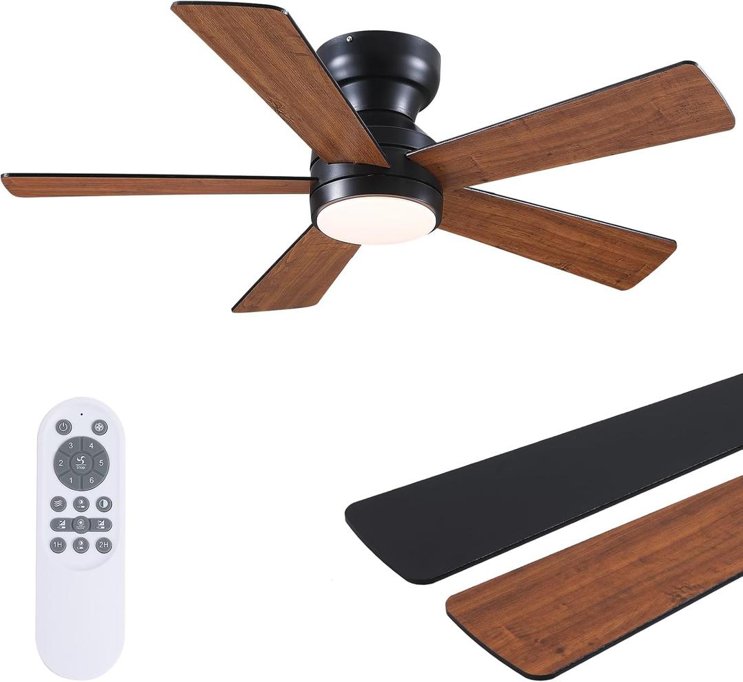 Ceiling Fans with Lights Flush Mount - 46in Low Profile Ceiling Fan Remote Control with 5 Dual-Sided Blades, Reversible 6 Speeds, Dimming & 2H Timing, Indoor Fan Light for Bedroom, Kitchen (Brown-46in-new)