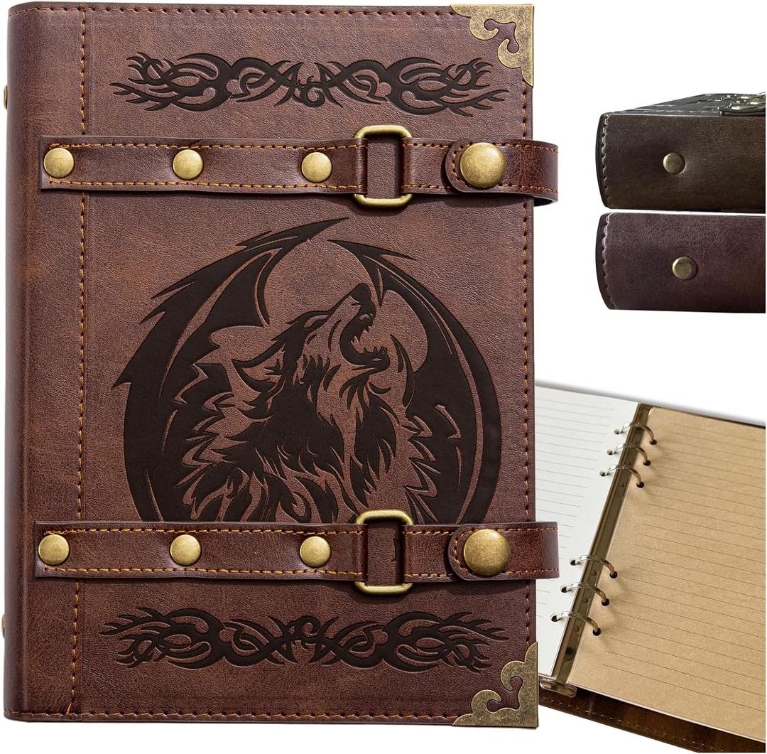 DUROTAN DND Notebook Wolf Journals Gift Set-Unique A5 Binder 400 Page Vintage Leather Suitable for Dungeons And Dragons Accessories Women & Men Writing(8-Red-Wolf)
