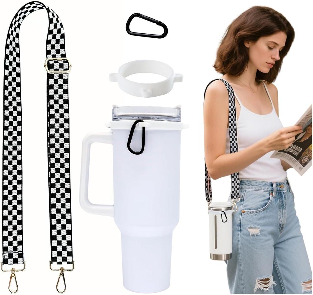 Adjustable Hands-Free Holder for Stanley Cups Universal Silicone Bottle Strap Hydro Flasks 40oz & 30oz Bottles Dishwasher Safe Buckle for Hiking (White Ring)