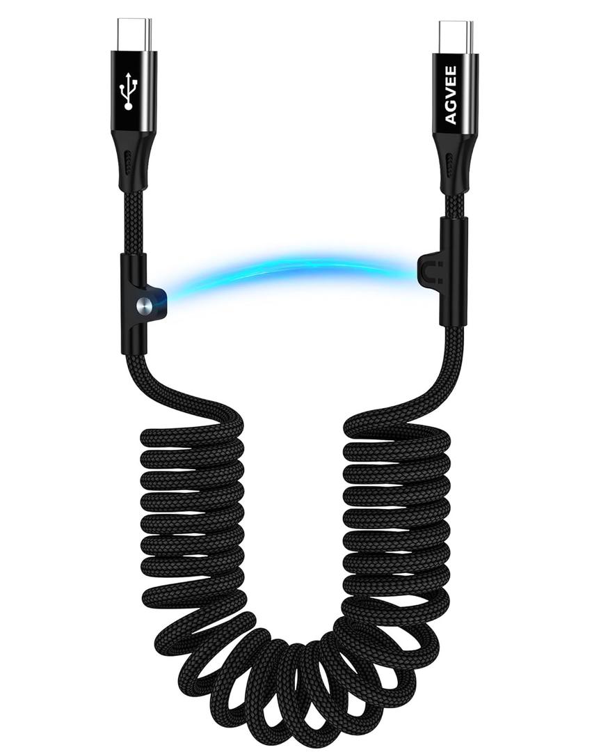 AGVEE 2 Pack 3ft Coiled Short USB-C to USB-C Charging Cable [USB-IF Certified] 60W PD Fast Charger Cord in Car for iPhone 17/16/15 CarPlay, Galaxy S25 S24 S23 S22 S21 S10, Google Pixel, Black