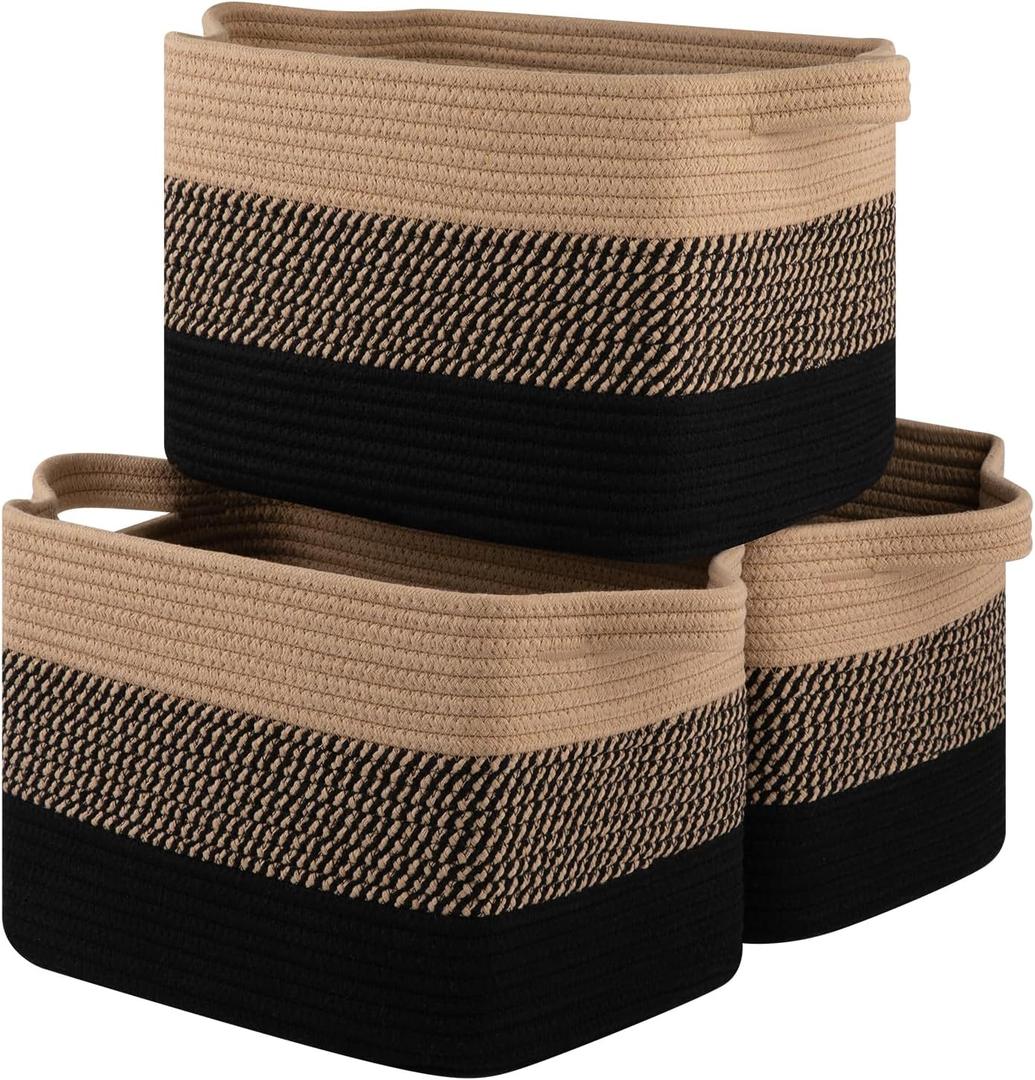 Storage Basket for Organizing, Woven Baskets for Storage, Rectangle Decorative Baskets for Shleves, Closet, Toys, Books, Nursery Organizer Bins - Pack of 3 (Black & Brown, 13"x9.85"x8.7")