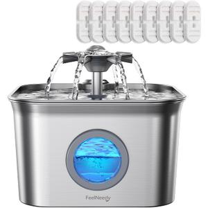 Stainless Steel Cat Water Fountain, 2.8L with 20dB Ultra-Quiet Pump- Ideal for Timid Pets, LED Water Level Window, Dishwasher Safe, 24/7 Circulation- Includes 9 Replacement Filters