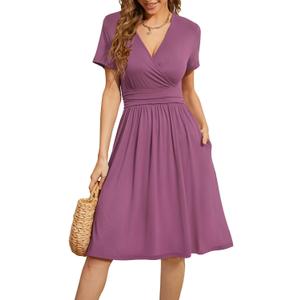 WEACZZY Women Summer Casual Short Sleeve Dresses Empire Waist Dress with Pockets, Mauve, M