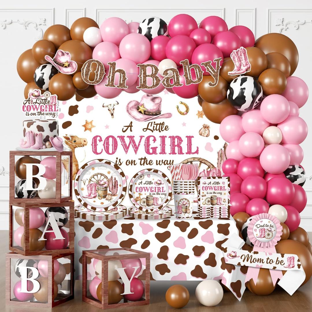 266pcs Cowgirl Baby Shower Decorations for 25 guests, Worry-free One-stop Set Includes Thick Plates Backdrop Sash and Badge, Western Baby Shower Decorations for Girl