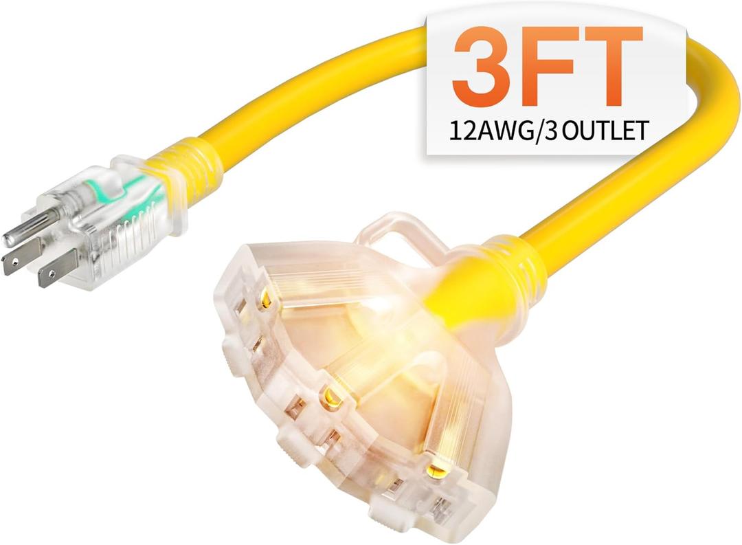 3 ft 12 Gauge Heavy Duty 3 Outlet Extension Cord Splitter with Indicator, Waterproof Outdoor Extension Cord with Multiple Outlets, 15A 1875W for Workshop, ETL Listed, Flexible Yellow SJTW