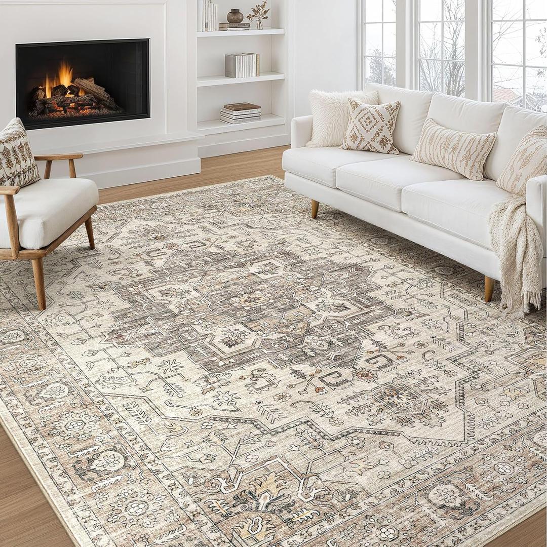 Area Rugs 9x12 Living Room: Washable Vintage Light Brown Rug