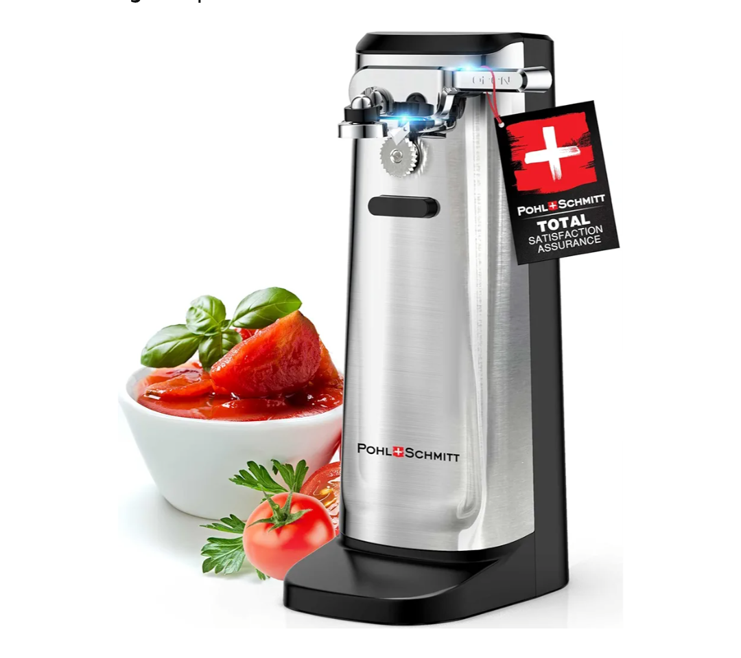 POHL SCHMITT 3 in 1 Electric Can Opener Smooth Edge with Knife Sharpener and Bottle Opener - Easy Push Down Lever - All Standard-Size & Pop-Top Cans, Durable Stainless Steel & ABS, Kitchen Accessories