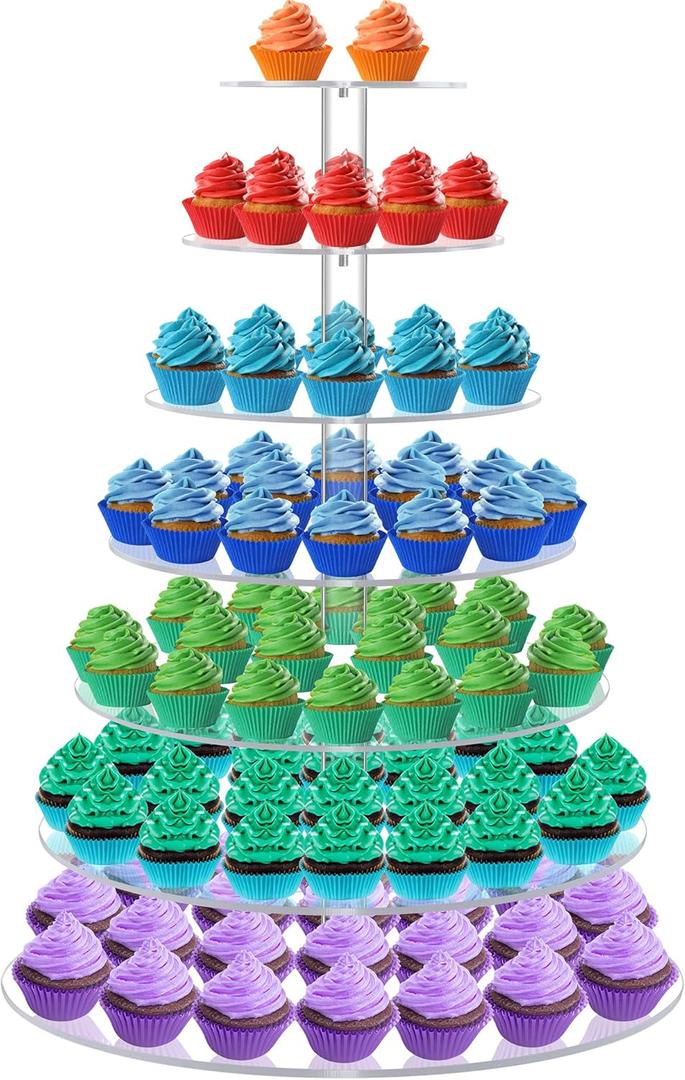 Large 7 Tier Cupcake Stand for 100 Cupcakes, Clear Round Cupcake Stands, Acrylic Wedding Cupcake Tower Stand, Cupcake Display Stand for Dessert Table, Cupcake Tier Stands for Birthday Party