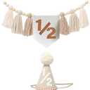 Boho Half Birthday High Chair Banner with Cone Hat White Sand Beige Neutral 1/2 Birthday Half Way To One Baby Boy Baby Shower Wall Hangings Decorations