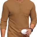 COOFANDY Men's Henley Shirts Long Sleeve Basic Waffle Pique Pullover T-Shirt with Pocket (Medium, Brown)